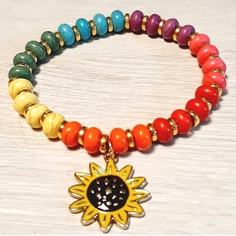 HANDMADE Multicolor Turquoise & Gold Beaded Stretch Bracelet w/ Sunflower Charm